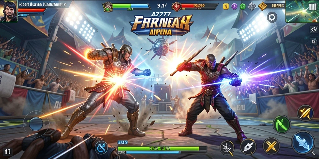 Screenshot gameplay A7777 menampilkan pertarungan intens antara karakter.