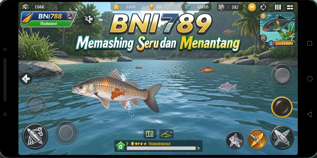 Screenshot gameplay BNI789 yang menunjukkan aksi memancing yang mendebarkan.