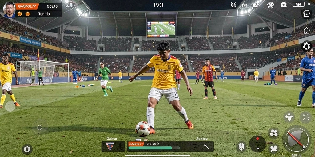Screenshot GASPOL77 menampilkan aksi seru di lapangan sepak bola.
