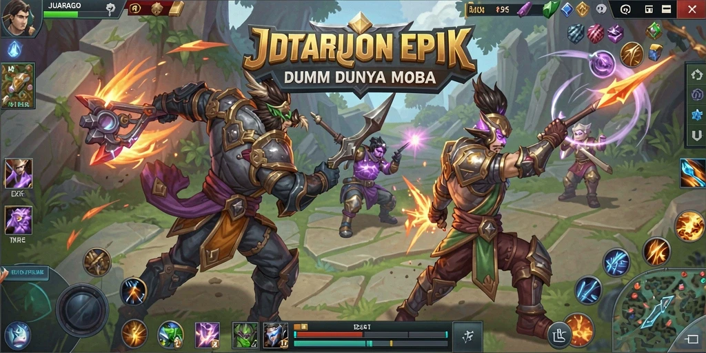 Tangkapan layar gameplay JUARAGO menampilkan pertempuran seru di arena.