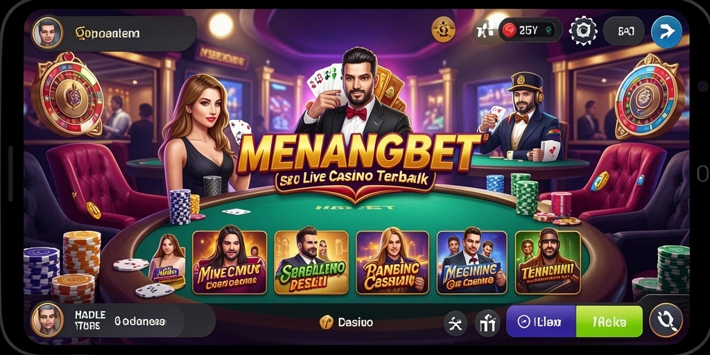 Screenshot gameplay MENANGBET yang menampilkan dealer dan pemain di meja taruhan.