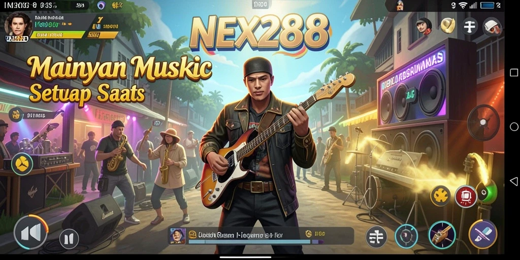 Screenshot NEX288 menampilkan antarmuka permainan musik yang menarik.