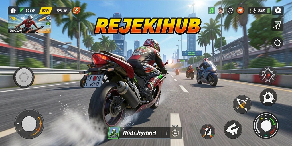 Tampilan gameplay seru dari REJEKIHUB dengan balapan motor yang mendebarkan.