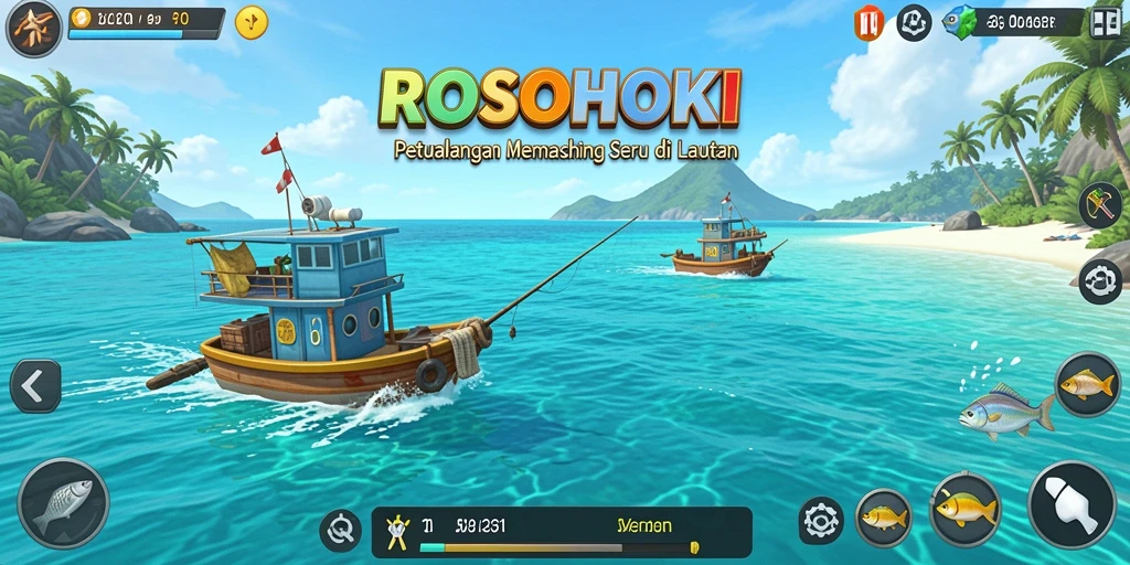 Screenshot gameplay ROSOHOKI menunjukkan pengalaman memancing yang mendebarkan.