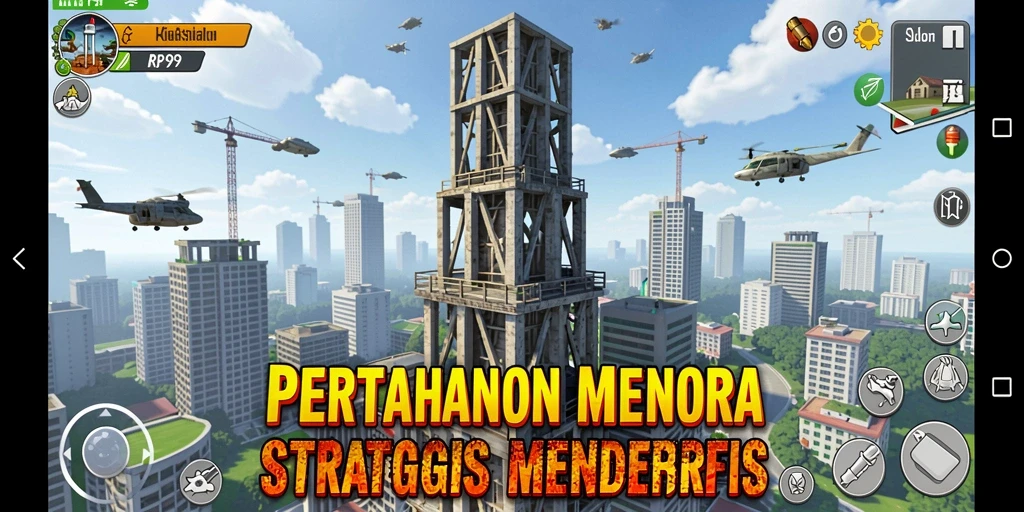 Screenshot gameplay RP99 menampilkan menara dan musuh yang beraksi.