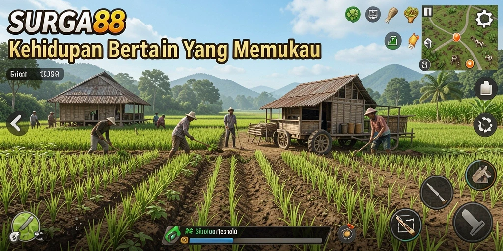 Tampilan gameplay SURGA88 menampilkan lahan pertanian yang subur dan aktivitas bertani yang menarik.